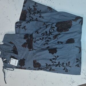NWT Free People Dusty Blue Midi Dress with Brown Floral Pattern
